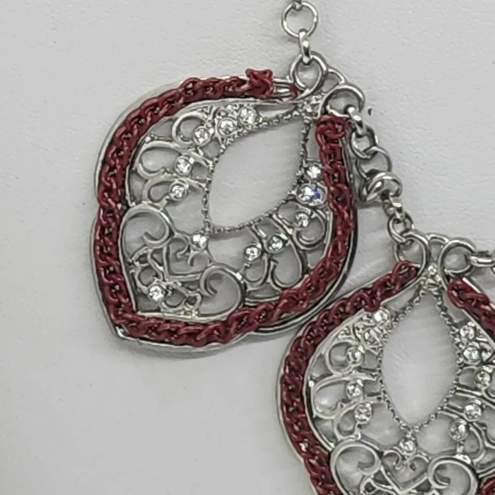 Silver Tone And Red Open Work Filigree Style‎ Necklace